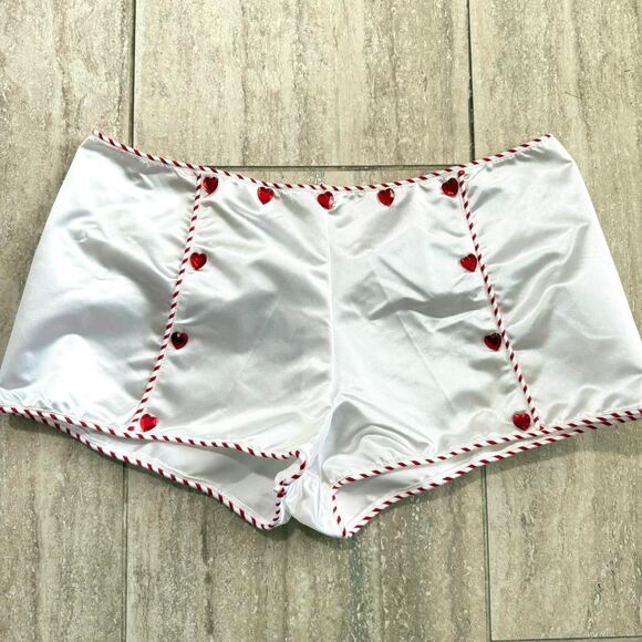 Pants - Vintage White Satin mini Micro Shorts red Heart rhinestones Sz L Coquette lolita